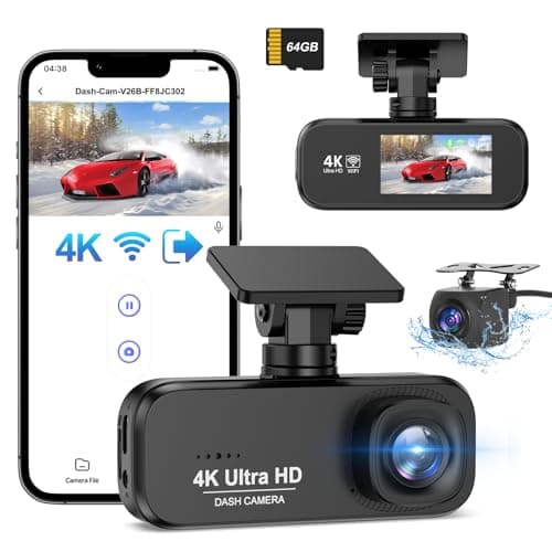 DYNACAM Dash Cam Front and Rear 4K+1080P, WiFi Dash Cam Free 64GB Card, G-Sensor, Car Camera 24H Parking Mode, Super Night Vision Dashcam, B-T26 Car on-dash Support 256GB Max