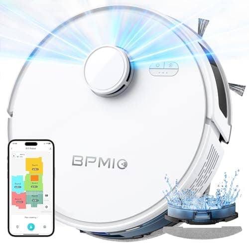 BPMIO Robot Vacuum Cleaner with Mop,5000Pa with LiDAR Navigation,5 floor Mapping,3 in 1 Robotic Vacuum with Auto Carpet Boost,APP/Alexa/WiFI,Self-Charging,Ideal for Pet Hair,Carpet,Hard Floor White
