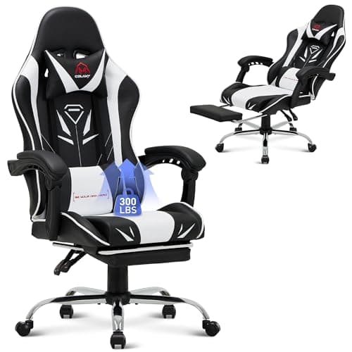 COLAMY Gaming Chair, Computer Chair with Footrest and Lumbar Support, Height Adjustable Gaming Chair with 360°-Swivel Seat and Headrest, White