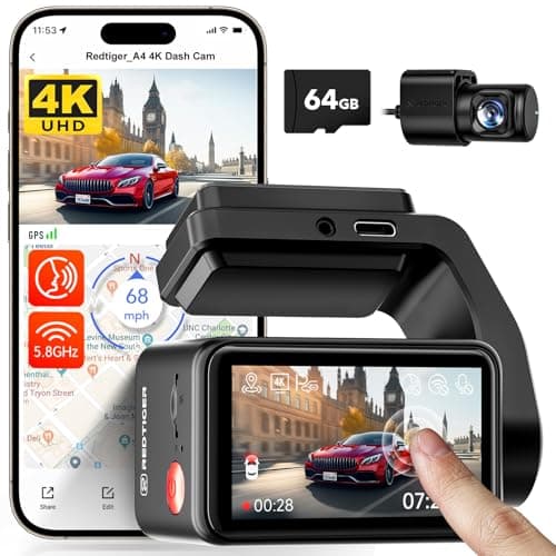 REDTIGER A4-4K+1080P Dash Cam Front and Rear Built-in 5.8GHz WiFi and GPS, Dash Camera for Cars with 64GB Card, Touch Screen Dashcam, Voice Control, 24H Parking Mode, Night Vision, Support Max 256GB