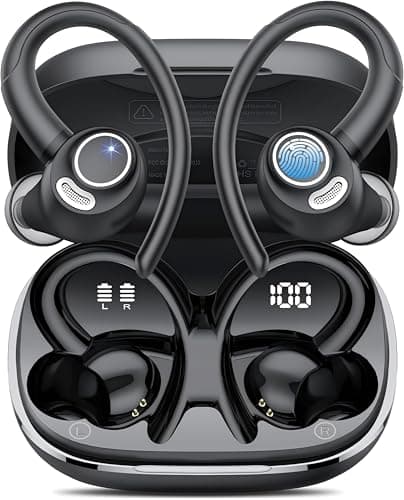 Wireless Earbuds, Bluetooth 5.3 Headphones with 4 ENC Noise Cancelling Mic, Sports Wireless Earphones with Earhooks HiFi Stereo Deep Bass, 48H LED Display Ear Buds for Running/Sport/Gym, IP7, Black